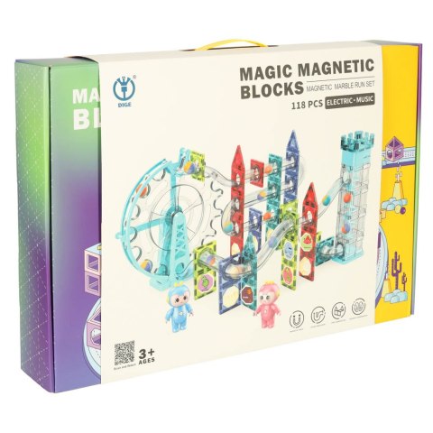 Klocki magnetyczne konstrukcyjne 3d grający tor kulkowy - zestaw 118el, 3+