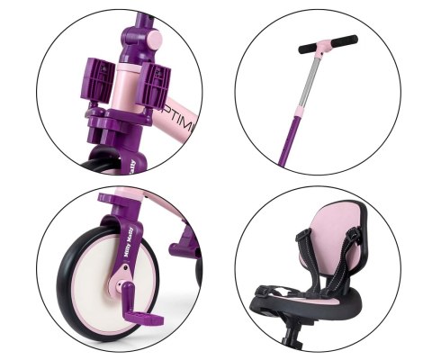 Rowerek biegowy trójkołowy z rączką dla dziewczynki 5w1 Optimus Max – 12M+