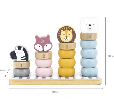 Piramidka drewniana dla dzieci z kółek do układania, zwierzątka Viga, 2+
