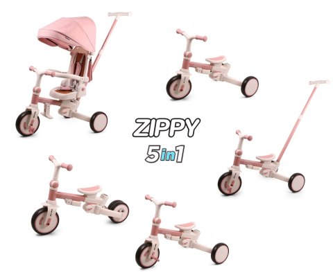 Rowerek trójkołowy dla dziewczynki 5w1 - biegowy i trójkołowy z rączką 12m+ Zippy