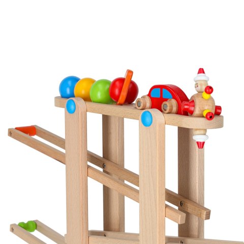 Tor kulkowy drewniany kulodrom Montessori duży, 4 kule + samochodzik, 18m+