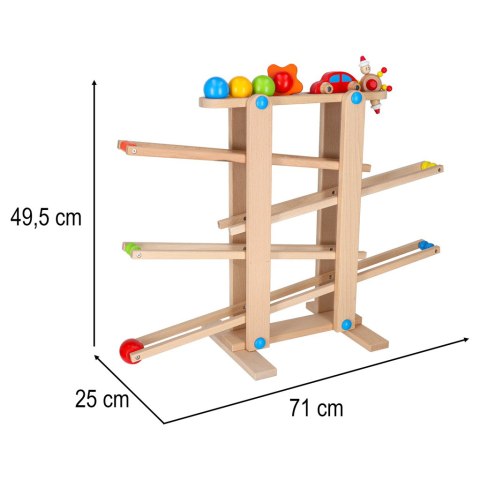 Tor kulkowy drewniany kulodrom Montessori duży, 4 kule + samochodzik, 18m+