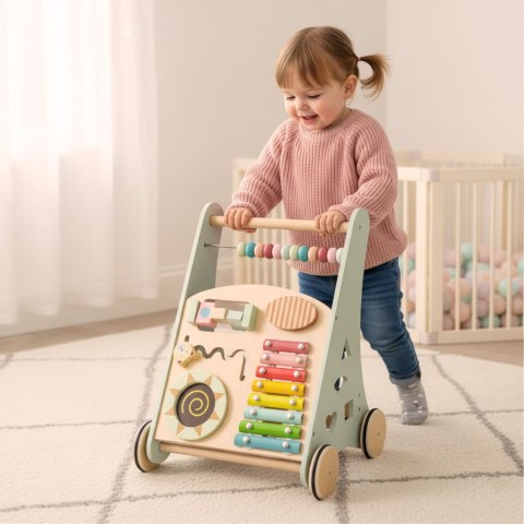 Pchacz do nauki chodzenia, chodzik edukacyjny z sorterem, drewniany wiek 1+