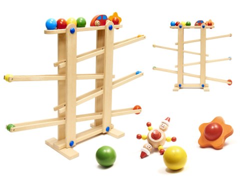 Tor kulkowy drewniany kulodrom Montessori duży, 4 kule + samochodzik, 18m+