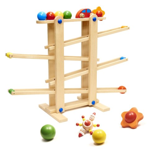Tor kulkowy drewniany kulodrom Montessori duży, 4 kule + samochodzik, 18m+