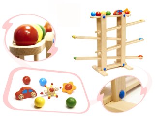 Tor kulkowy drewniany kulodrom Montessori duży, 4 kule + samochodzik, 18m+