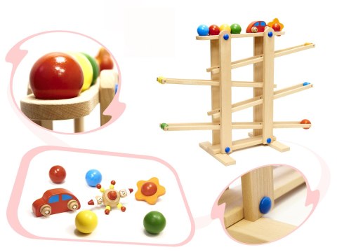 Tor kulkowy drewniany kulodrom Montessori duży, 4 kule + samochodzik, 18m+