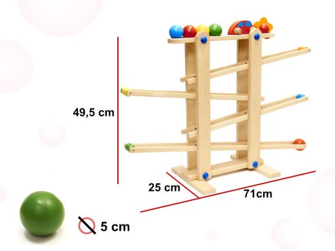 Tor kulkowy drewniany kulodrom Montessori duży, 4 kule + samochodzik, 18m+