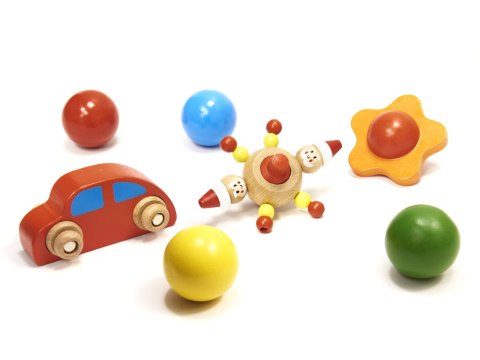 Tor kulkowy drewniany kulodrom Montessori duży, 4 kule + samochodzik, 18m+