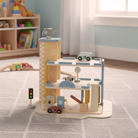 Garaż drewniany dla dzieci z windą, parking piętrowy +autka, helikopter, 3+