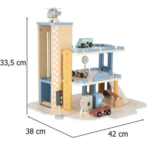 Garaż drewniany dla dzieci z windą, parking piętrowy +autka, helikopter, 3+