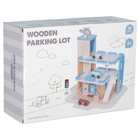 Garaż drewniany dla dzieci z windą, parking piętrowy +autka, helikopter, 3+