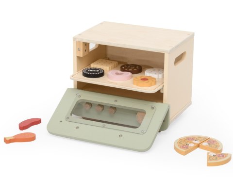 Drewniana kuchenka piekarnik + akcesoria, zestaw kuchenny dla dzieci, 3+