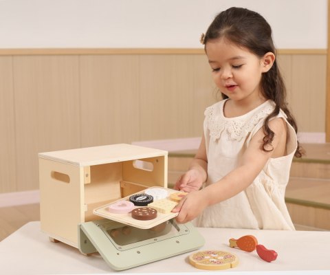 Drewniana kuchenka piekarnik + akcesoria, zestaw kuchenny dla dzieci, 3+