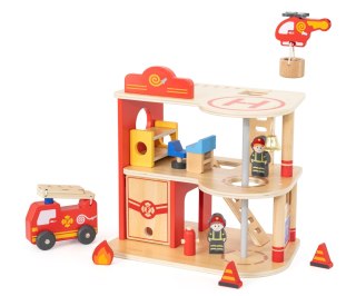 Drewniana remiza strażacka zabawka dla dzieci, klocki + wóz, Viga, wiek 3+