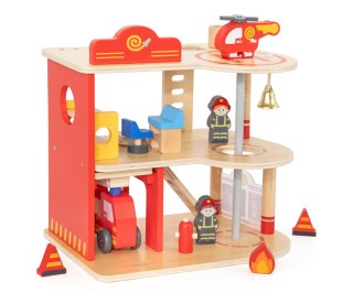 Drewniana remiza strażacka zabawka dla dzieci, klocki + wóz, Viga, wiek 3+