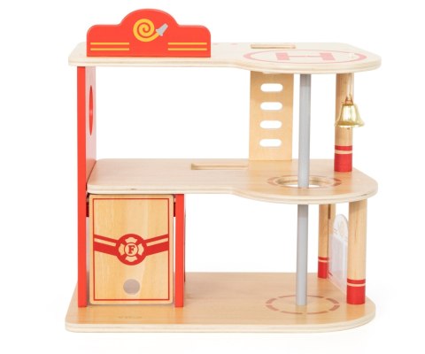 Drewniana remiza strażacka zabawka dla dzieci, klocki + wóz, Viga, wiek 3+