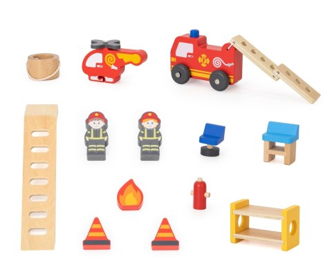 Drewniana remiza strażacka zabawka dla dzieci, klocki + wóz, Viga, wiek 3+