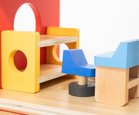 Drewniana remiza strażacka zabawka dla dzieci, klocki + wóz, Viga, wiek 3+