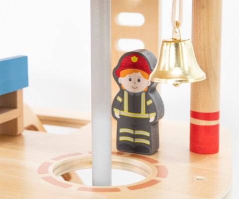 Drewniana remiza strażacka zabawka dla dzieci, klocki + wóz, Viga, wiek 3+