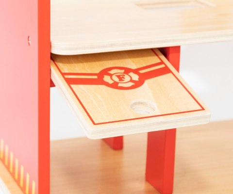 Drewniana remiza strażacka zabawka dla dzieci, klocki + wóz, Viga, wiek 3+