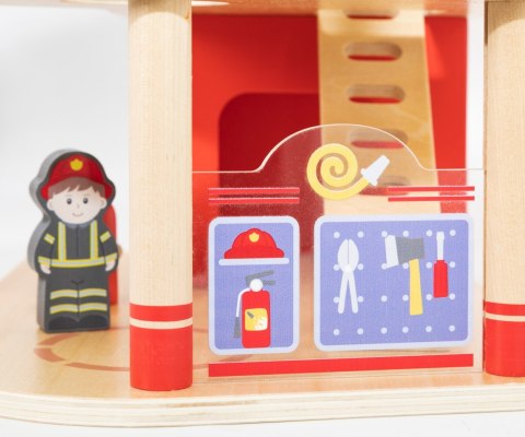 Drewniana remiza strażacka zabawka dla dzieci, klocki + wóz, Viga, wiek 3+