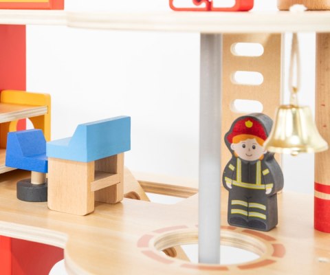 Drewniana remiza strażacka zabawka dla dzieci, klocki + wóz, Viga, wiek 3+