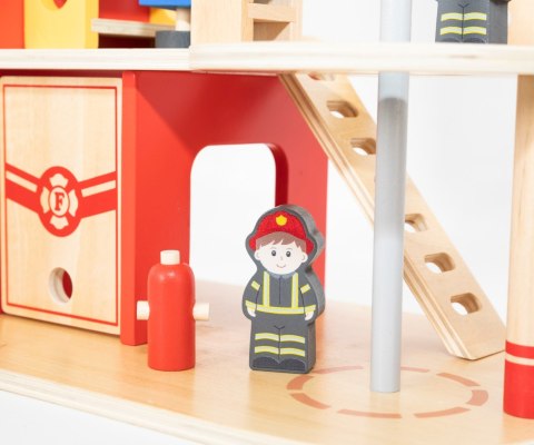 Drewniana remiza strażacka zabawka dla dzieci, klocki + wóz, Viga, wiek 3+