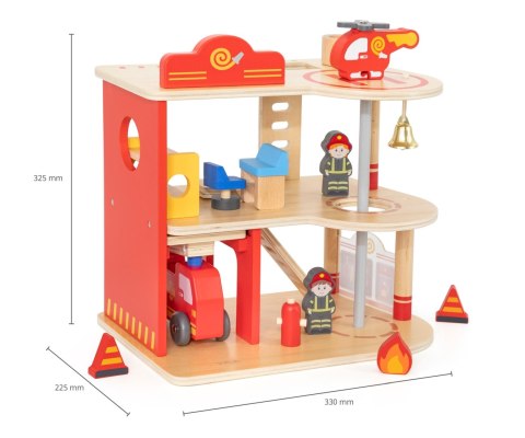 Drewniana remiza strażacka zabawka dla dzieci, klocki + wóz, Viga, wiek 3+