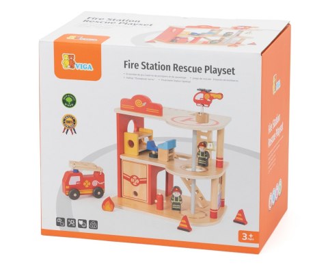 Drewniana remiza strażacka zabawka dla dzieci, klocki + wóz, Viga, wiek 3+