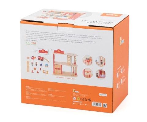 Drewniana remiza strażacka zabawka dla dzieci, klocki + wóz, Viga, wiek 3+