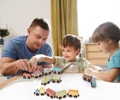 Kolejka drewniana dla dzieci, klocki zestaw 3 lokomotywy + wagony , wiek 3+
