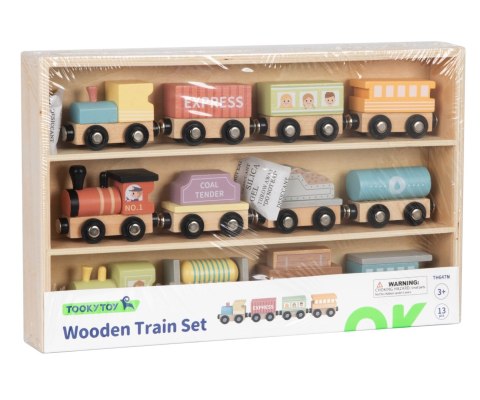 Kolejka drewniana dla dzieci, klocki zestaw 3 lokomotywy + wagony , wiek 3+
