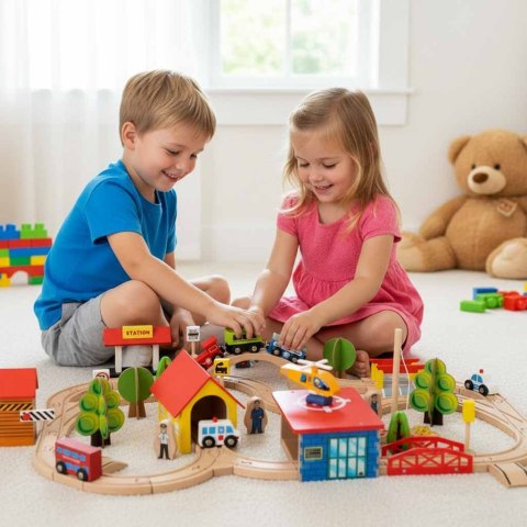 Kolejka drewniana dla dziecka, klocki drewniane miasto 69 elementów wiek 3+