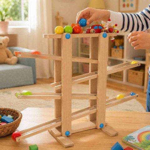 Tor kulkowy drewniany kulodrom Montessori duży, 4 kule + samochodzik, 18m+