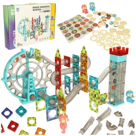 Klocki magnetyczne konstrukcyjne 3d grający tor kulkowy - zestaw 118el,  3+