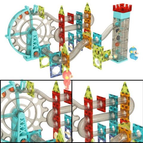 Klocki magnetyczne konstrukcyjne 3d grający tor kulkowy - zestaw 118el,  3+