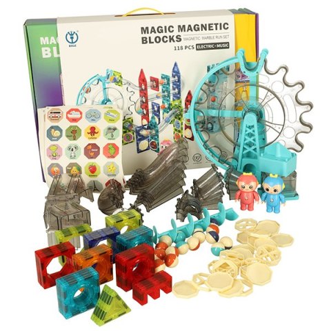 Klocki magnetyczne konstrukcyjne 3d grający tor kulkowy - zestaw 118el,  3+