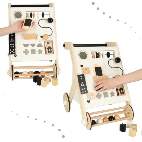 Pchacz drewniany dla dziecka, chodzik, tablica manipulacyjna i sorter, 12m+