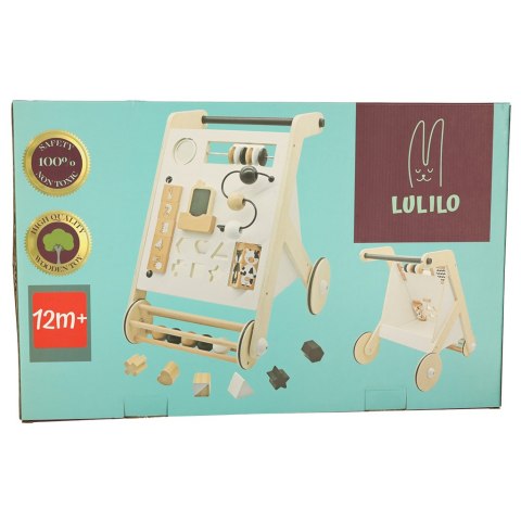 Pchacz drewniany dla dziecka, chodzik, tablica manipulacyjna i sorter, 12m+